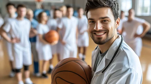 Smiling Doctor Holding Basketball with Team