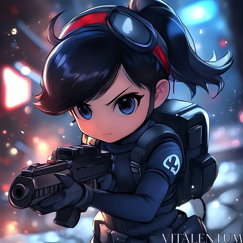 Chibi Female Warrior with Futuristic Firearm AI Image