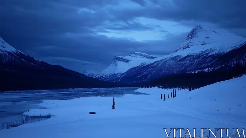 Snowy Peaks and Frozen Lake Scenery AI Image