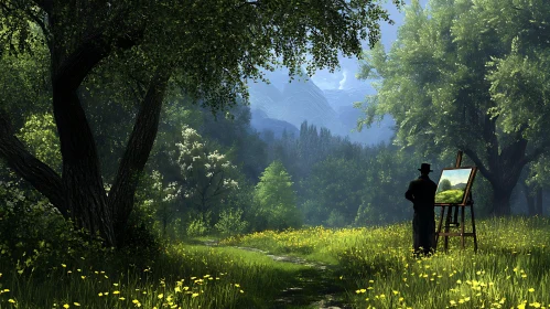 Artist Painting Wildflowers Landscape Scene