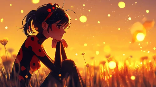 Contemplative Anime Ladybug in Golden Field