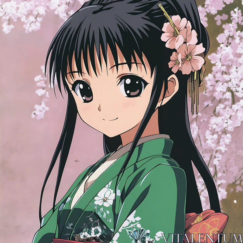 Anime Girl with Blossoms and Traditional Kimono AI Image