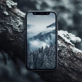 Winter Forest in Mist on Smartphone Display