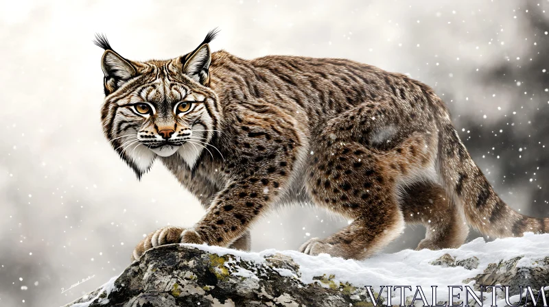 Wild Cat on Snowy Rock AI Image