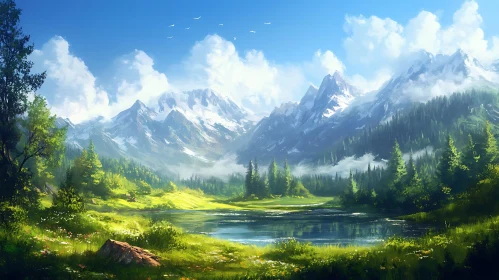 Scenic Mountain Lake Landscape Art