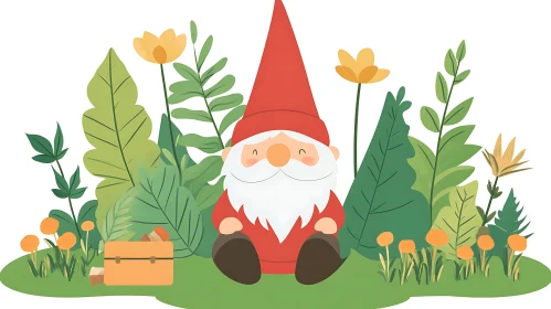 Cartoon Gnome with Flowers and Suitcase