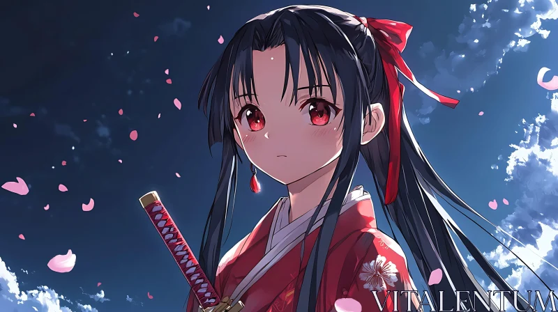 Anime Character with Katana and Cherry Blossoms AI Image