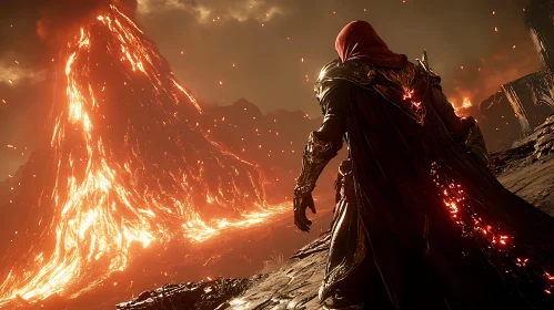 Fantasy Warrior Confronts Erupting Volcano