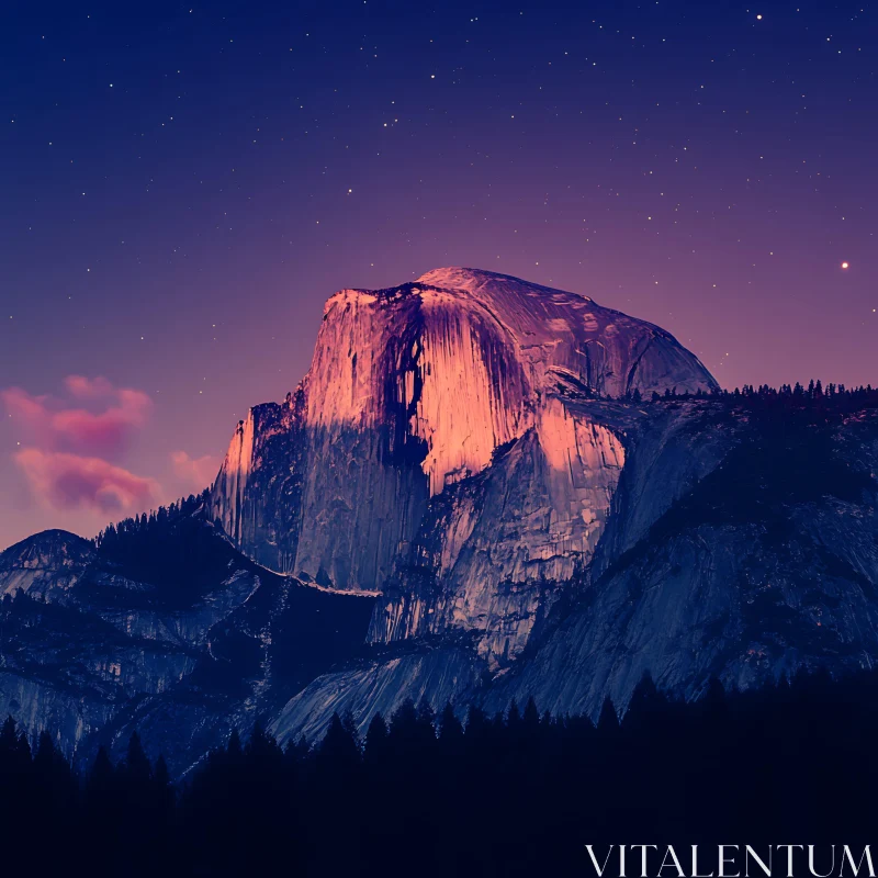 Pink Light Mountain Under Starry Sky AI Image