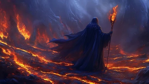 Cloaked Figure with Flaming Staff