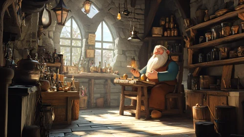 Cartoon Wizard in His Magical Workshop