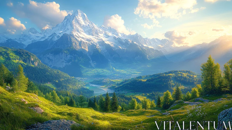 AI ART Snowy Peaks and Green Valley Landscape