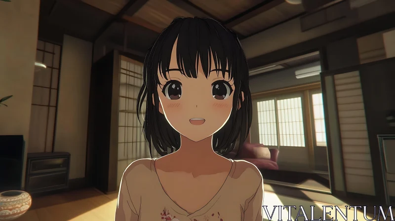 Anime Girl in Sunlit Japanese Interior AI Image