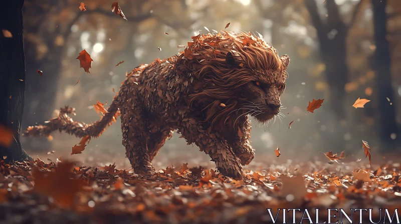 AI ART Lion Made of Leaves in Forest