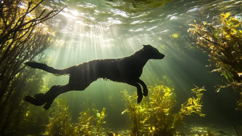 Underwater Dog in Sunlit Seaweed Forest