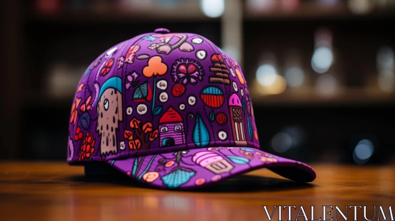 Captivating Hand-Drawn Purple Hat on Table | Vibrant Street Scene Design AI Image