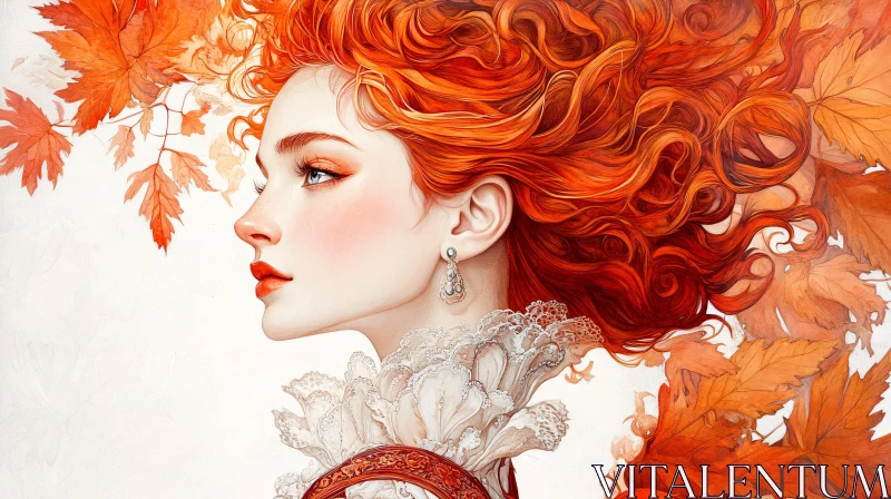 AI ART Fiery Haired Woman with Autumn Leaves