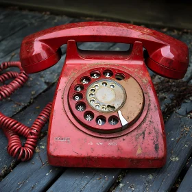 Old Red Phone on Weathered Wood