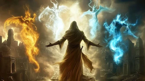 Elemental Spirits and Cloaked Figure