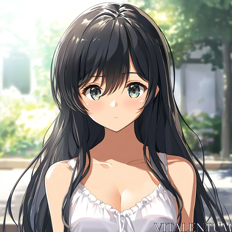 Outdoor Anime Girl with Long Black Hair AI Image