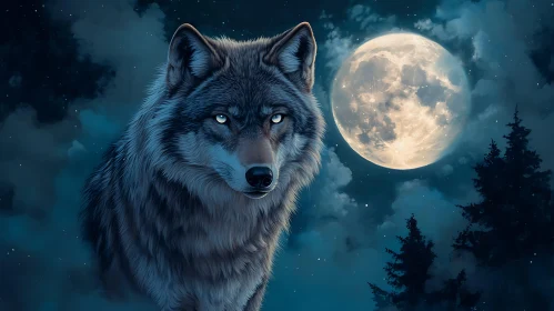 Mystic Wolf in Moonlight Landscape