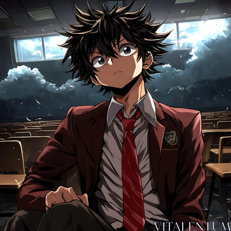 Young Anime Character in Empty Classroom AI Image