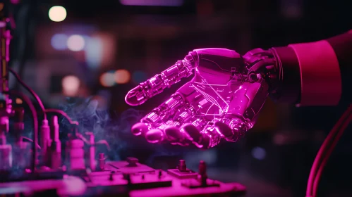 Futuristic Cyborg Hand in Neon Light