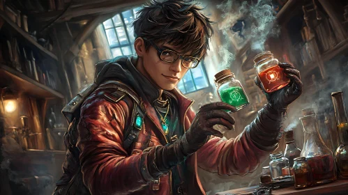 Young Wizard with Magical Potions