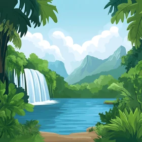 Tranquil Forest with Waterfall and Lake