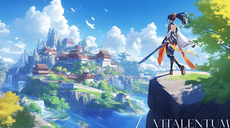 Female Samurai Facing Majestic Mountain Village AI Image