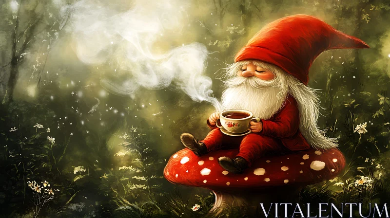 Forest Gnome Sipping Coffee on Mushroom AI Image