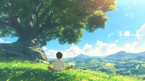 Peaceful Landscape with Boy and Tree Under Sunny Sky