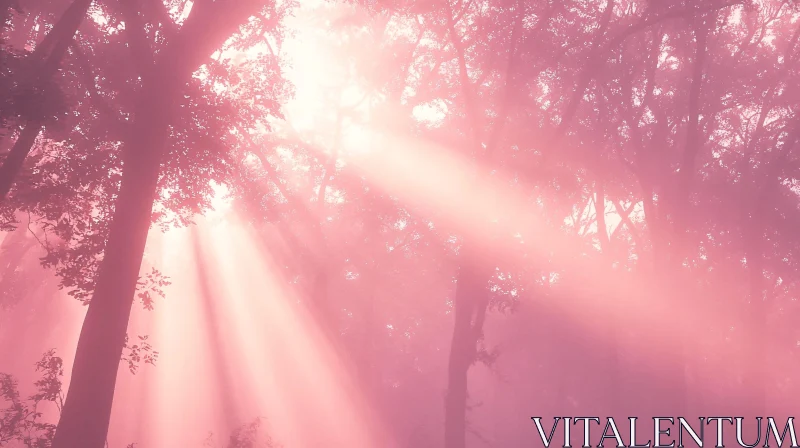 Pink-Hued Sunrays in a Misty Forest AI Image