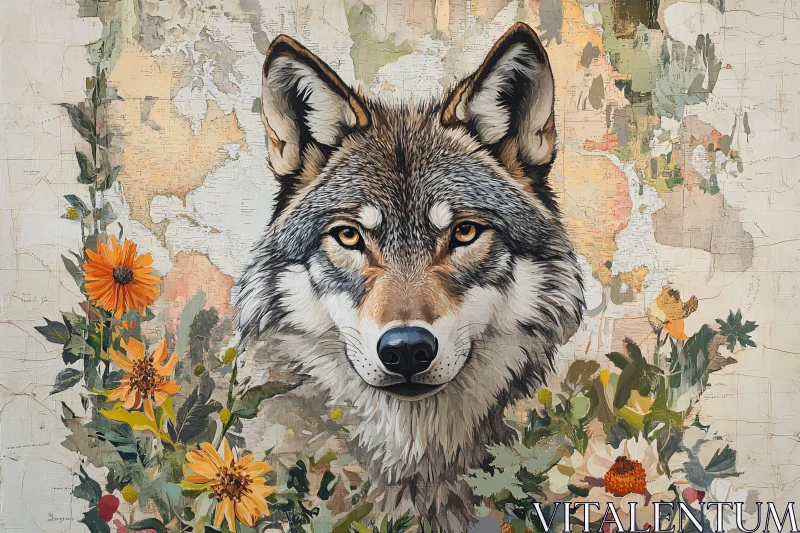 AI ART Floral Wolf on Vintage Map Art