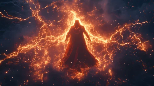 Enigmatic Cloaked Figure in Fiery Aura