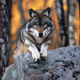 Resting Wolf in Autumnal Forest