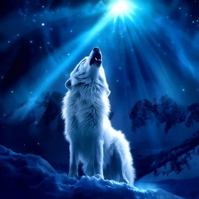 White Wolf in Snowy Mountain Scene