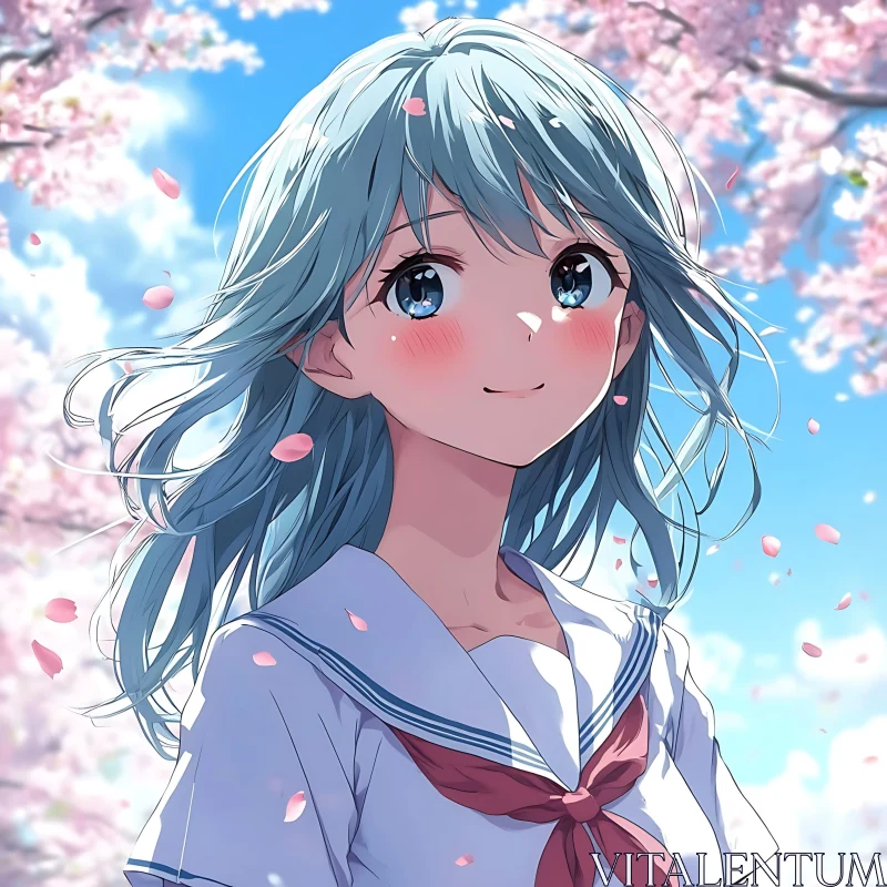 Peaceful Anime Scene with Blue-Haired Girl AI Image