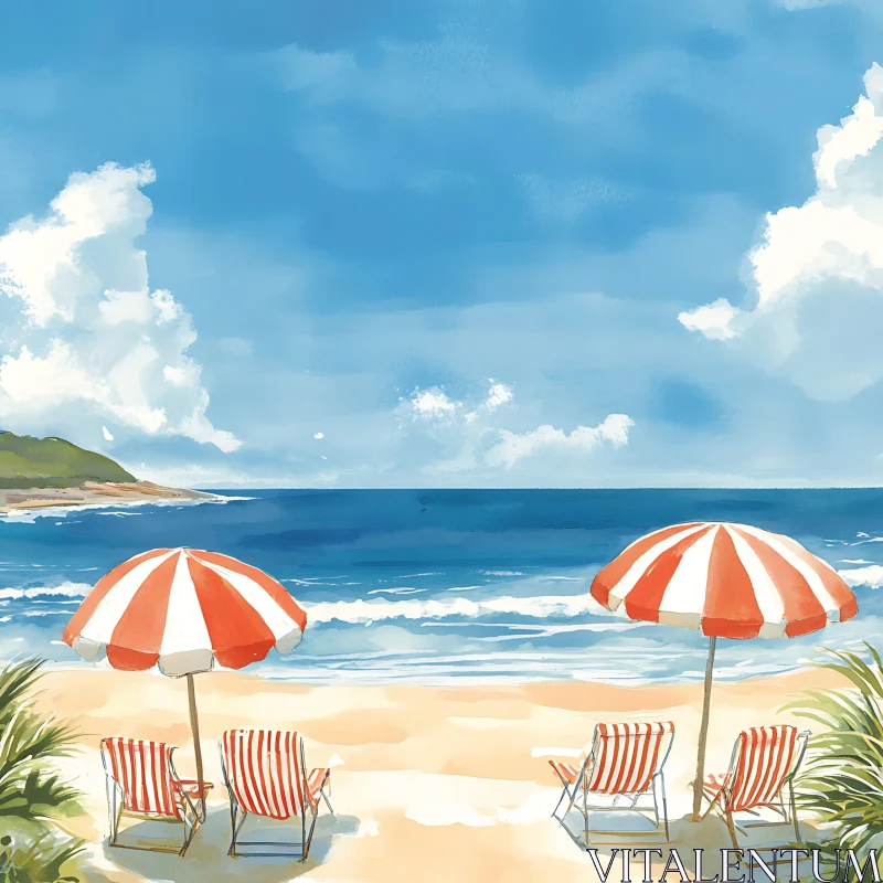 AI ART Seaside Relaxation with Umbrellas