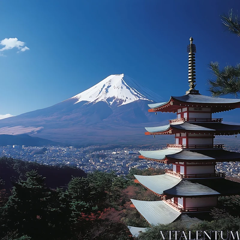 Japanese Pagoda with Mountain Scenery AI Image