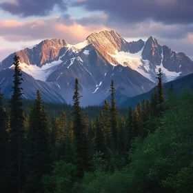 Snowy Mountain Peaks and Forest Landscape