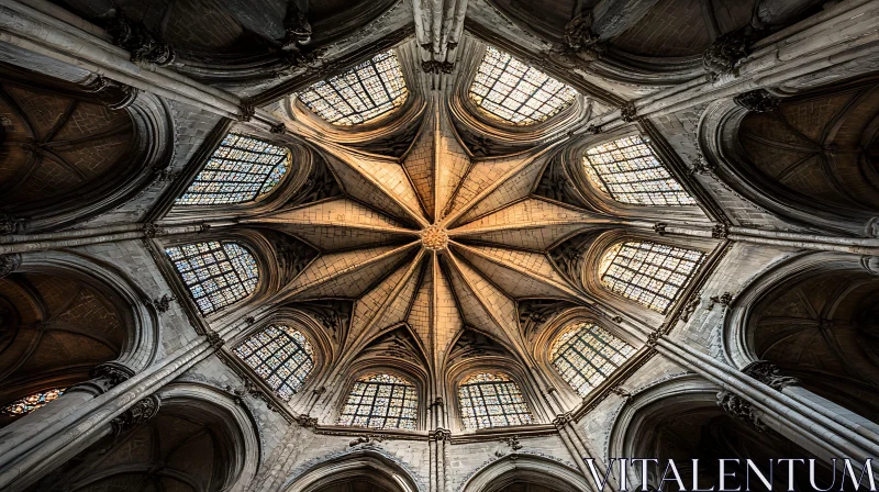 Gothic Cathedral Vaulted Ceiling with Stained Glass AI Image