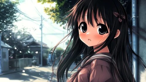 Schoolgirl in Anime Style with Windy Background