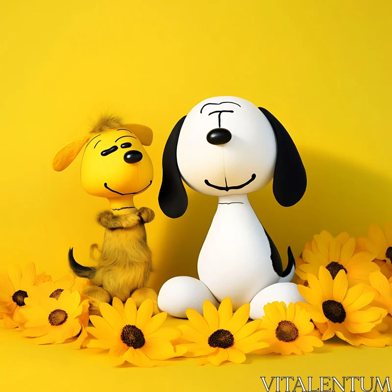 Animated Dog Figures with Sunflowers AI Image