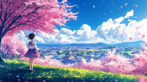 Anime Girl Under Cherry Blossom Trees