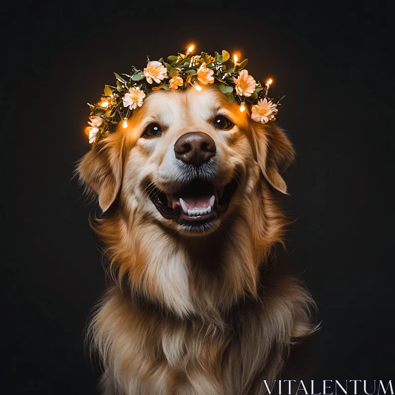 Smiling Dog with Flower Crown and Lights AI Image