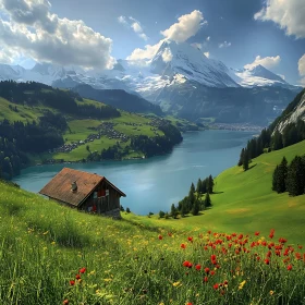 Alpine Meadow with Lake and Mountains