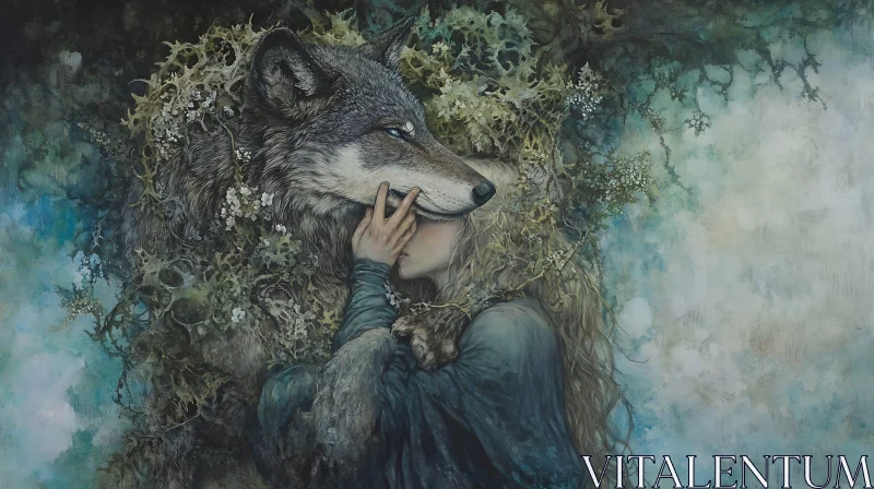 Mystical Embrace: Girl with Wolf Artwork AI Image