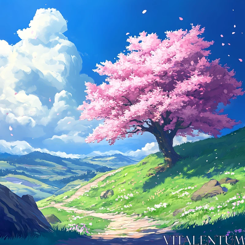 Picturesque Spring Landscape with Blooming Tree AI Image