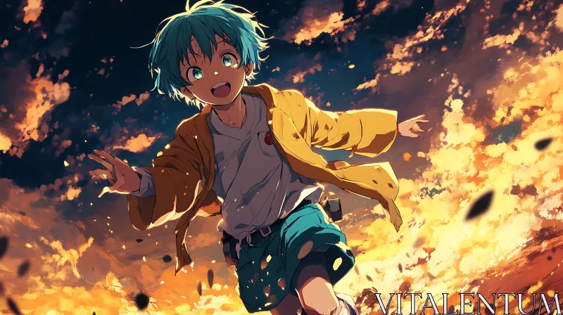 Joyous Anime Boy Against Sunset Sky AI Image